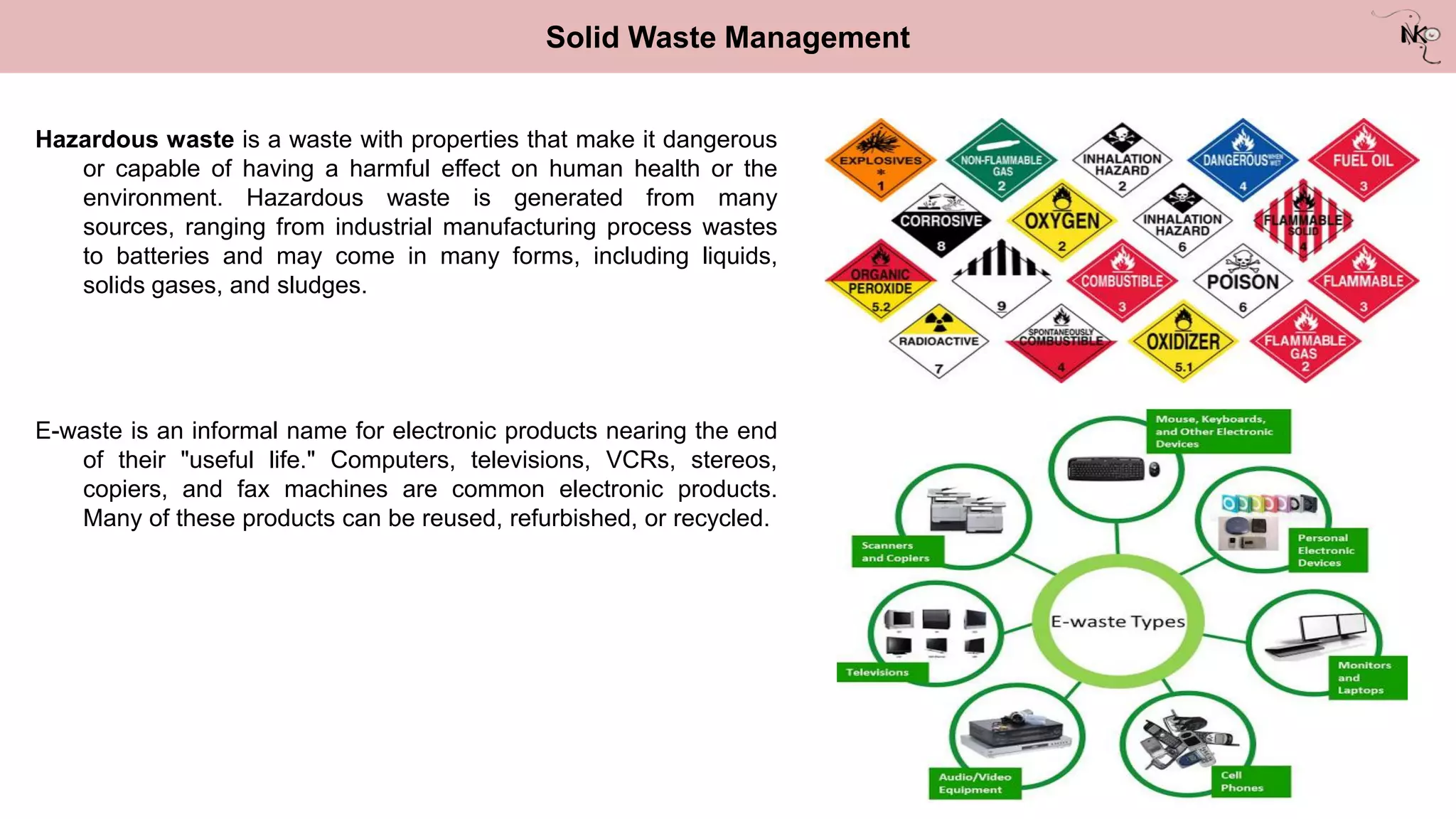 Solid Waste Management
Hazardous waste is a waste with properties that make it dangerous
or capable of having a harmful effect on human health or the
environment. Hazardous waste is generated from many
sources, ranging from industrial manufacturing process wastes
to batteries and may come in many forms, including liquids,
solids gases, and sludges.
E-waste is an informal name for electronic products nearing the end
of their "useful life." Computers, televisions, VCRs, stereos,
copiers, and fax machines are common electronic products.
Many of these products can be reused, refurbished, or recycled.
 