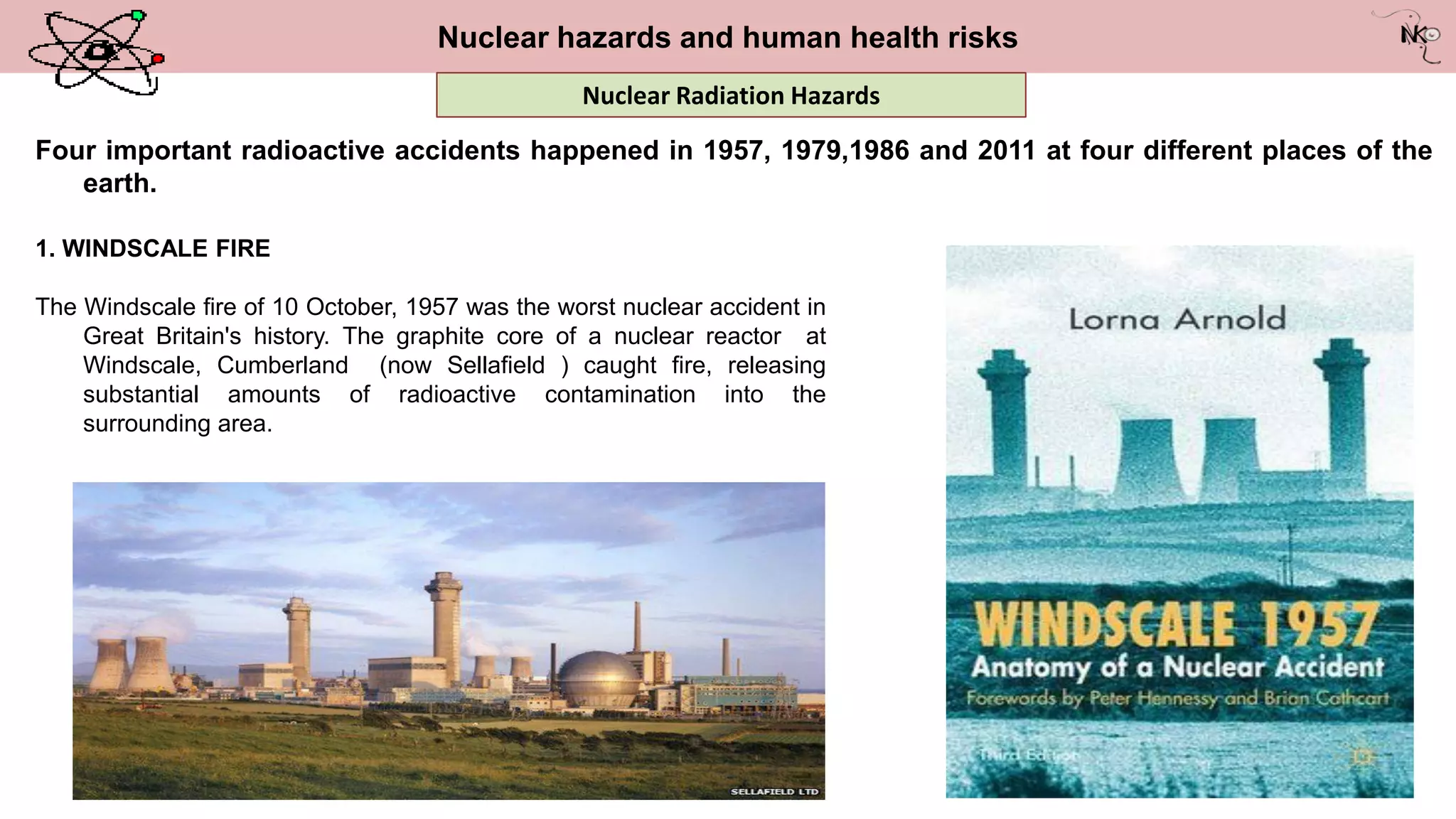 Nuclear hazards and human health risks
1. WINDSCALE FIRE
The Windscale fire of 10 October, 1957 was the worst nuclear accident in
Great Britain's history. The graphite core of a nuclear reactor at
Windscale, Cumberland (now Sellafield ) caught fire, releasing
substantial amounts of radioactive contamination into the
surrounding area.
Nuclear Radiation Hazards
Four important radioactive accidents happened in 1957, 1979,1986 and 2011 at four different places of the
earth.
 