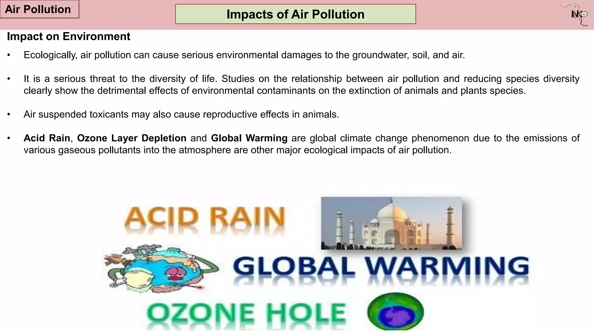 Impacts of Air Pollution
Air Pollution
Impact on Environment
• Ecologically, air pollution can cause serious environmental damages to the groundwater, soil, and air.
• It is a serious threat to the diversity of life. Studies on the relationship between air pollution and reducing species diversity
clearly show the detrimental effects of environmental contaminants on the extinction of animals and plants species.
• Air suspended toxicants may also cause reproductive effects in animals.
• Acid Rain, Ozone Layer Depletion and Global Warming are global climate change phenomenon due to the emissions of
various gaseous pollutants into the atmosphere are other major ecological impacts of air pollution.
 