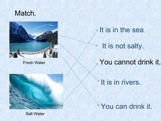 Match.

                It is in the sea.

                 It is not salty.

  Fresh Water   You cannot drink it.

                It is in rivers.


                You can drink it.
   Salt Water
 
