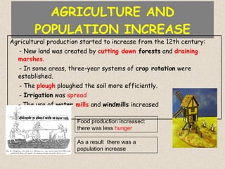 AGRICULTURE AND POPULATION INCREASE Agricultural production started to increase from the 12th century: - New land was created by  cutting   down  forests  and  draining   marshes . - In some areas, three-year systems of  crop rotation  were established.  - The  plough  ploughed the soil more efficiently. -  Irrigation  was  spread   - The use of  water  mills  and  windmills  increased Food production increased: there was less  hunger  As a result  there was a  population increase 