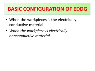 • When the workpieces is the electrically
conductive material
• When the workpiece is electrically
nonconductive material.
BASIC CONFIGURATION OF EDDG
 