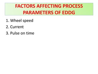 FACTORS AFFECTING PROCESS
PARAMETERS OF EDDG
1. Wheel speed
2. Current
3. Pulse on time
 
