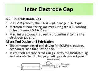 IEG – Inter Electrode Gap
• In ECMM process, the IEG is kept in range of 6 -15μm.
• Methods of monitoring and measuring the IEG is during
pulse of time of 0.1 to 5ms.
• Machining accuracy is directly proportional to the inter
electrode gap size.
Micro Tool Design and Fabrication
• The computer based tool design for ECMM is feasible,
economical and time saving one.
• Micro tools are fabricated using electro chemical etching
and wire electro discharge grinding as shown in figure
Inter Electrode Gap
 