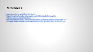 References 
¹ http://rationalwiki.org/wiki/Scientific_theory 
² http://www.princeton.edu/~achaney/tmve/wiki100k/docs/Cell_theory.html 
³ http://en.wikipedia.org/wiki/Cell_theory - figure 1 
⁴ http://science.howstuffworks.com/innovation/scientific-experiments/scientific-method4.htm - figure 2 
⁵ http://www.biologyreference.com/Gr-Hi/History-of-Biology-Cell-Theory-and-Cell-Structure.html 
 