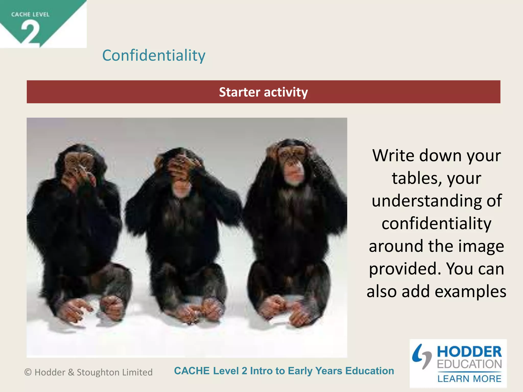 CACHE Level 2 Intro to Early Years Education© Hodder & Stoughton Limited
Starter activity
Confidentiality
Write down your
tables, your
understanding of
confidentiality
around the image
provided. You can
also add examples
 