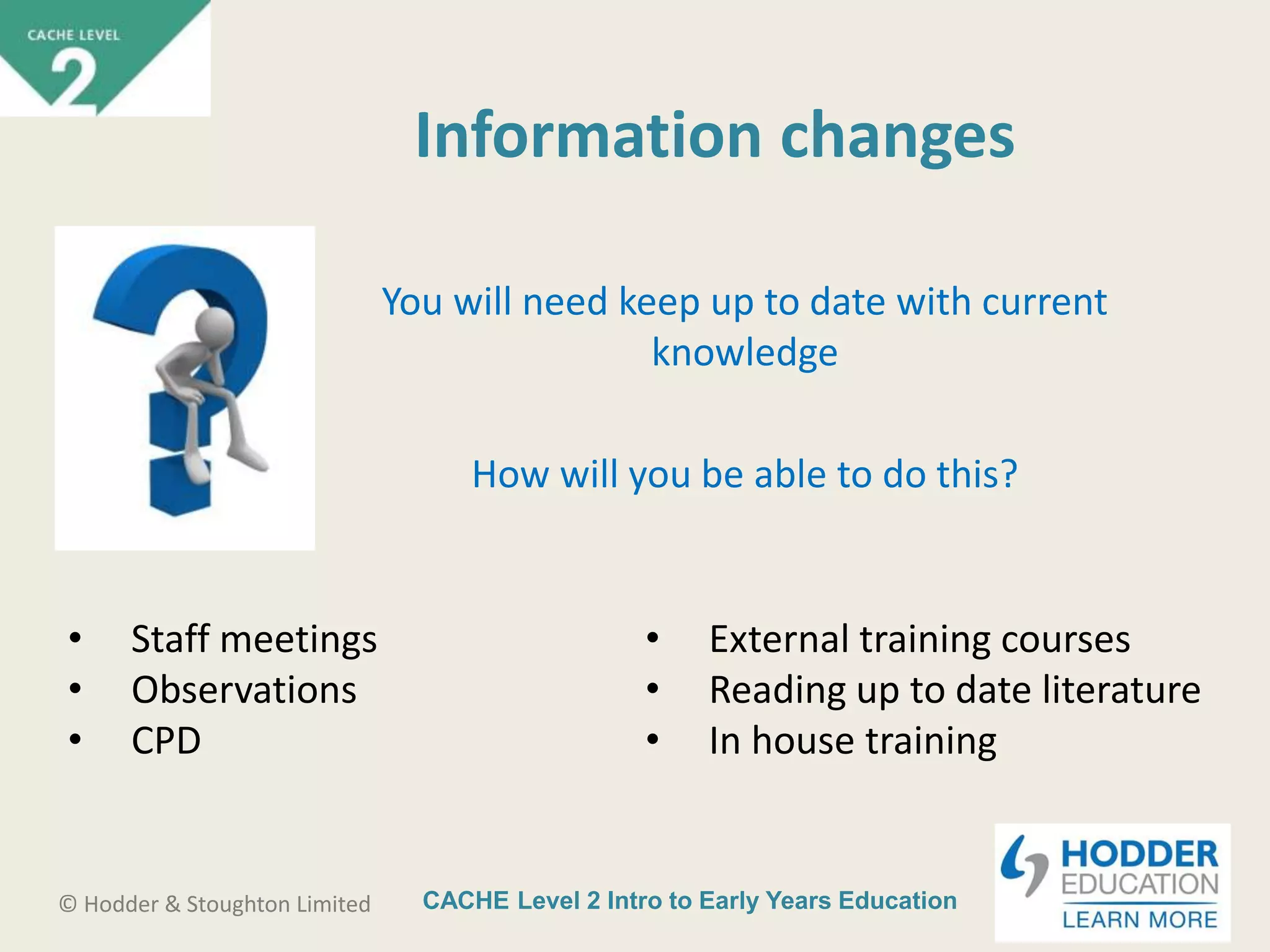CACHE Level 2 Intro to Early Years Education© Hodder & Stoughton Limited
Information changes
You will need keep up to date with current
knowledge
How will you be able to do this?
• Staff meetings
• Observations
• CPD
• External training courses
• Reading up to date literature
• In house training
 