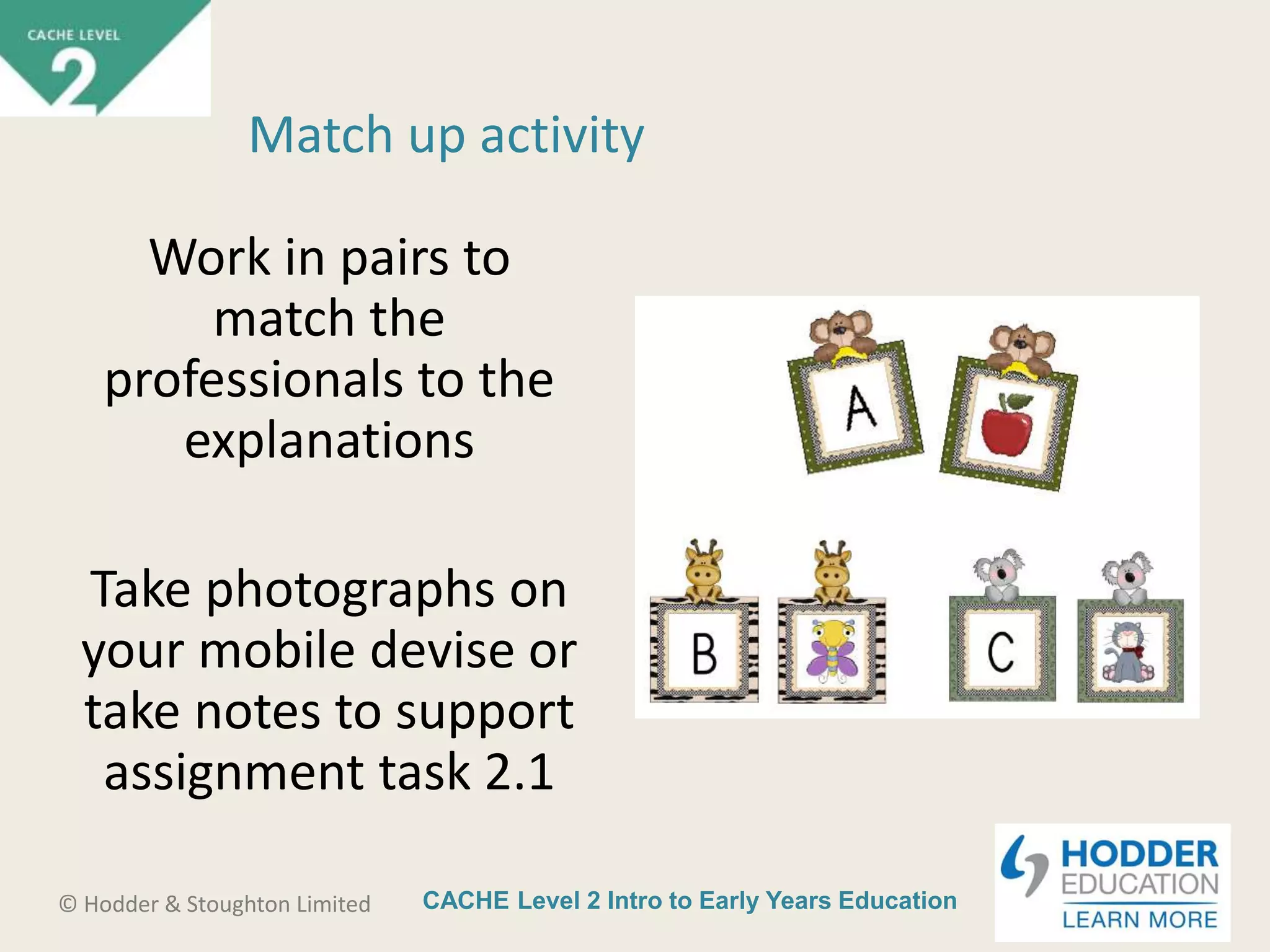CACHE Level 2 Intro to Early Years Education© Hodder & Stoughton Limited
Match up activity
Work in pairs to
match the
professionals to the
explanations
Take photographs on
your mobile devise or
take notes to support
assignment task 2.1
 