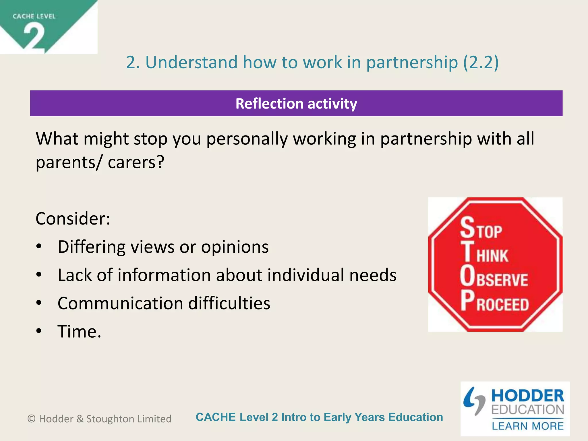 CACHE Level 2 Intro to Early Years Education© Hodder & Stoughton Limited
Reflection activity
What might stop you personally working in partnership with all
parents/ carers?
Consider:
• Differing views or opinions
• Lack of information about individual needs
• Communication difficulties
• Time.
2. Understand how to work in partnership (2.2)
 