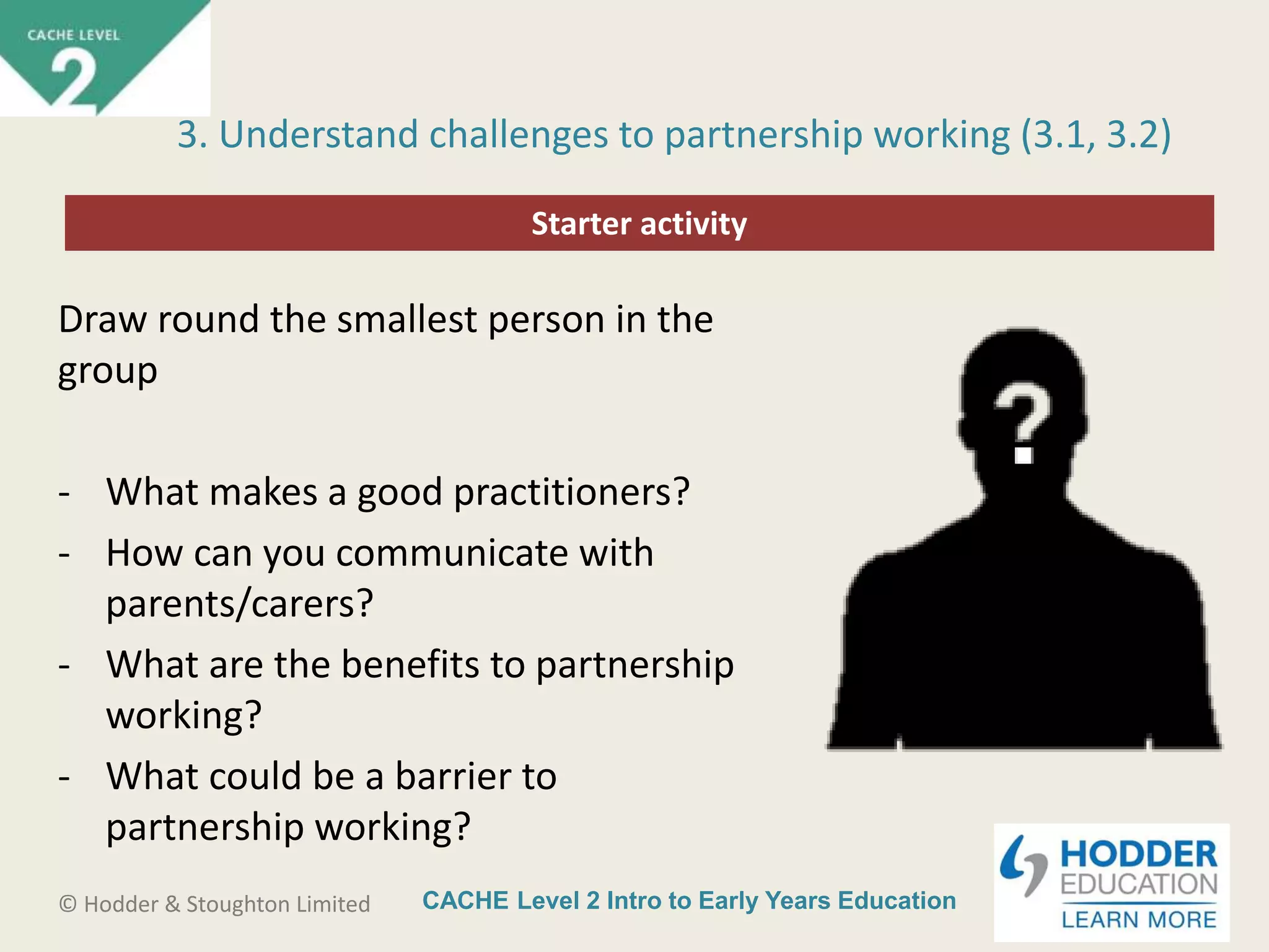 CACHE Level 2 Intro to Early Years Education© Hodder & Stoughton Limited
Starter activity
3. Understand challenges to partnership working (3.1, 3.2)
Draw round the smallest person in the
group
- What makes a good practitioners?
- How can you communicate with
parents/carers?
- What are the benefits to partnership
working?
- What could be a barrier to
partnership working?
 