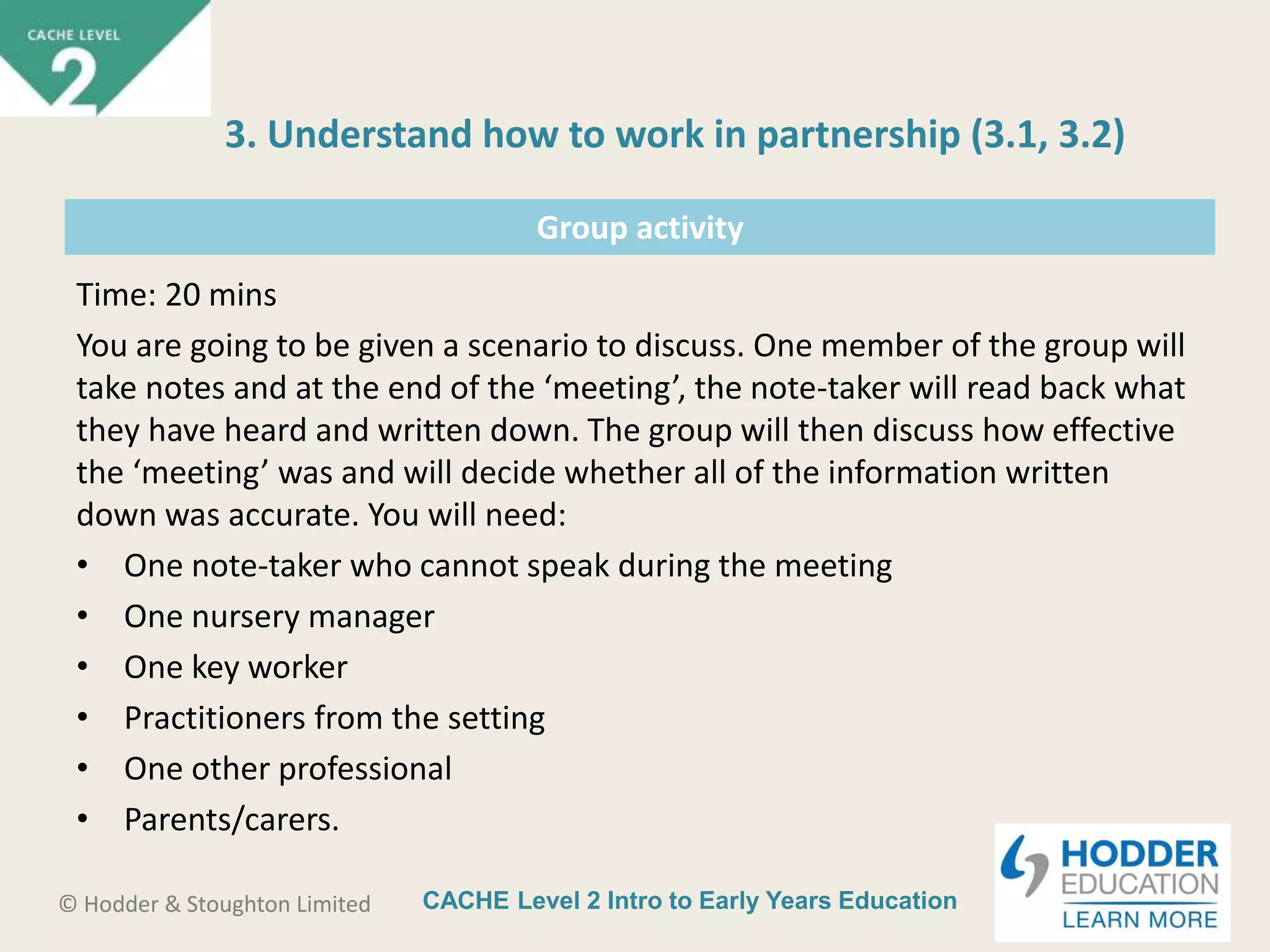 CACHE Level 2 Intro to Early Years Education© Hodder & Stoughton Limited
Group activity
Time: 20 mins
You are going to be given a scenario to discuss. One member of the group will
take notes and at the end of the ‘meeting’, the note-taker will read back what
they have heard and written down. The group will then discuss how effective
the ‘meeting’ was and will decide whether all of the information written
down was accurate. You will need:
• One note-taker who cannot speak during the meeting
• One nursery manager
• One key worker
• Practitioners from the setting
• One other professional
• Parents/carers.
3. Understand how to work in partnership (3.1, 3.2)
 