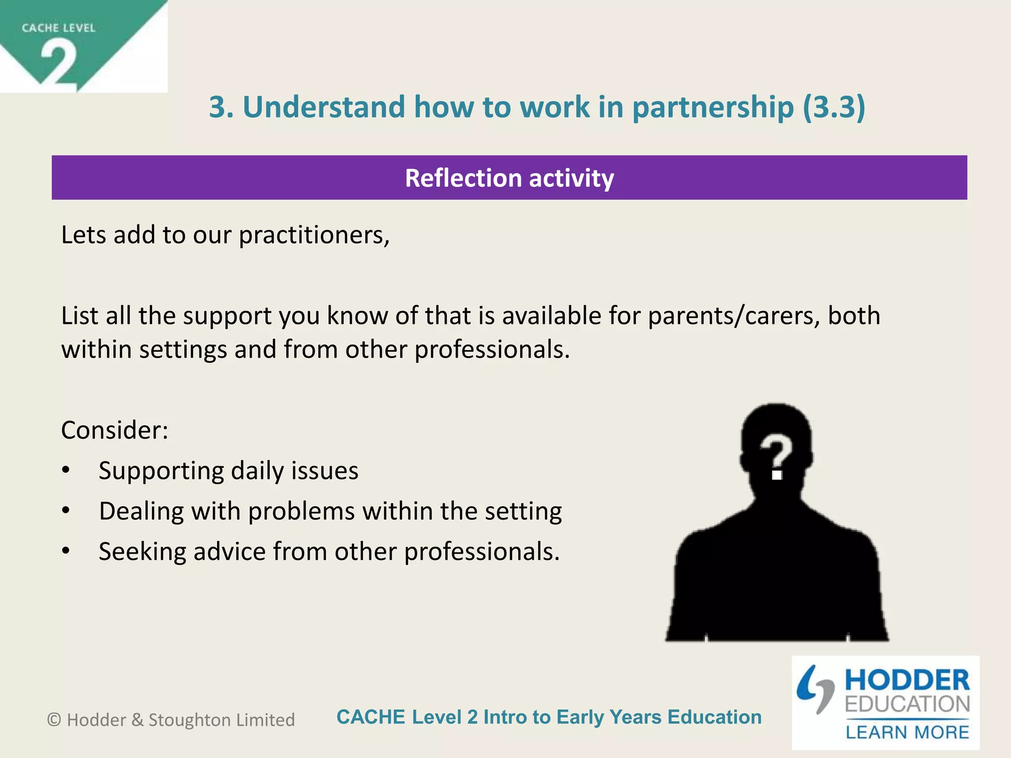 CACHE Level 2 Intro to Early Years Education© Hodder & Stoughton Limited
Reflection activity
Lets add to our practitioners,
List all the support you know of that is available for parents/carers, both
within settings and from other professionals.
Consider:
• Supporting daily issues
• Dealing with problems within the setting
• Seeking advice from other professionals.
3. Understand how to work in partnership (3.3)
 