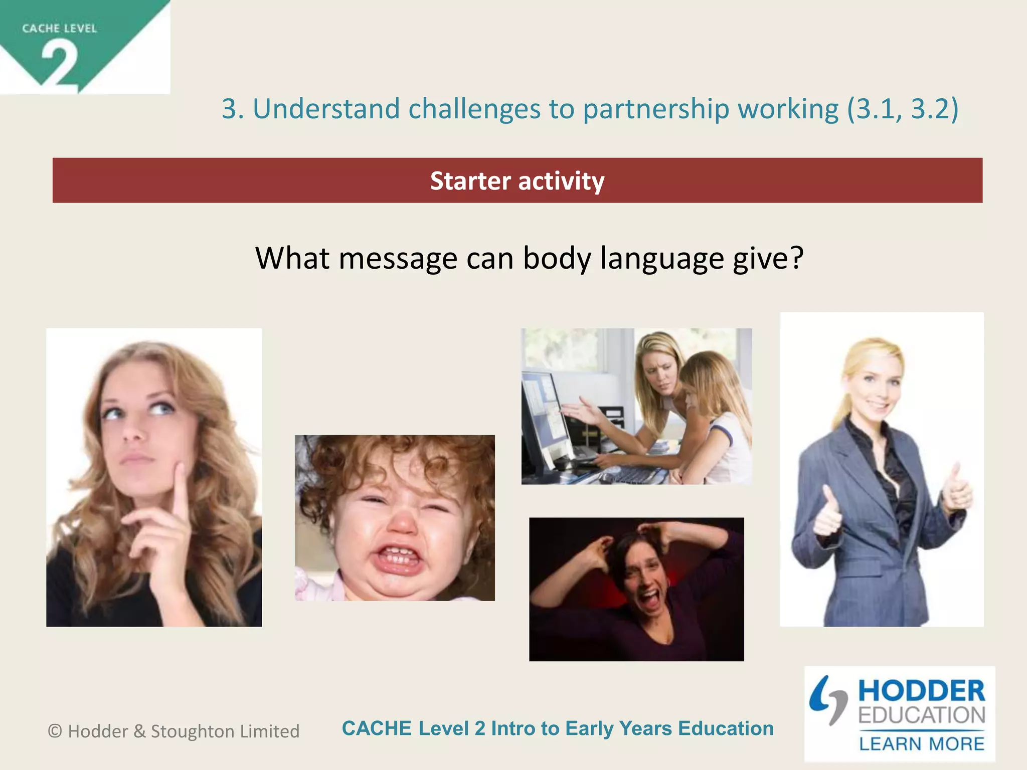 CACHE Level 2 Intro to Early Years Education© Hodder & Stoughton Limited
Starter activity
3. Understand challenges to partnership working (3.1, 3.2)
What message can body language give?
 