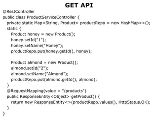 GET API
@RestController
public class ProductServiceController {
private static Map<String, Product> productRepo = new HashMap<>();
static {
Product honey = new Product();
honey.setId("1");
honey.setName("Honey");
productRepo.put(honey.getId(), honey);
Product almond = new Product();
almond.setId("2");
almond.setName("Almond");
productRepo.put(almond.getId(), almond);
}
@RequestMapping(value = "/products")
public ResponseEntity<Object> getProduct() {
return new ResponseEntity<>(productRepo.values(), HttpStatus.OK);
}
}
 