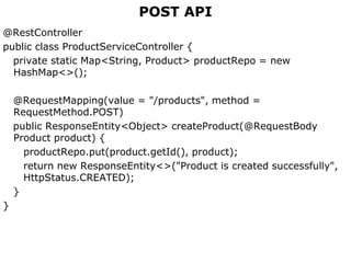 POST API
@RestController
public class ProductServiceController {
private static Map<String, Product> productRepo = new
HashMap<>();
@RequestMapping(value = "/products", method =
RequestMethod.POST)
public ResponseEntity<Object> createProduct(@RequestBody
Product product) {
productRepo.put(product.getId(), product);
return new ResponseEntity<>("Product is created successfully",
HttpStatus.CREATED);
}
}
 