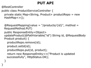 PUT API
@RestController
public class ProductServiceController {
private static Map<String, Product> productRepo = new
HashMap<>();
@RequestMapping(value = "/products/{id}", method =
RequestMethod.PUT)
public ResponseEntity<Object>
updateProduct(@PathVariable("id") String id, @RequestBody
Product product) {
productRepo.remove(id);
product.setId(id);
productRepo.put(id, product);
return new ResponseEntity<>("Product is updated
successsfully", HttpStatus.OK);
}
}
 