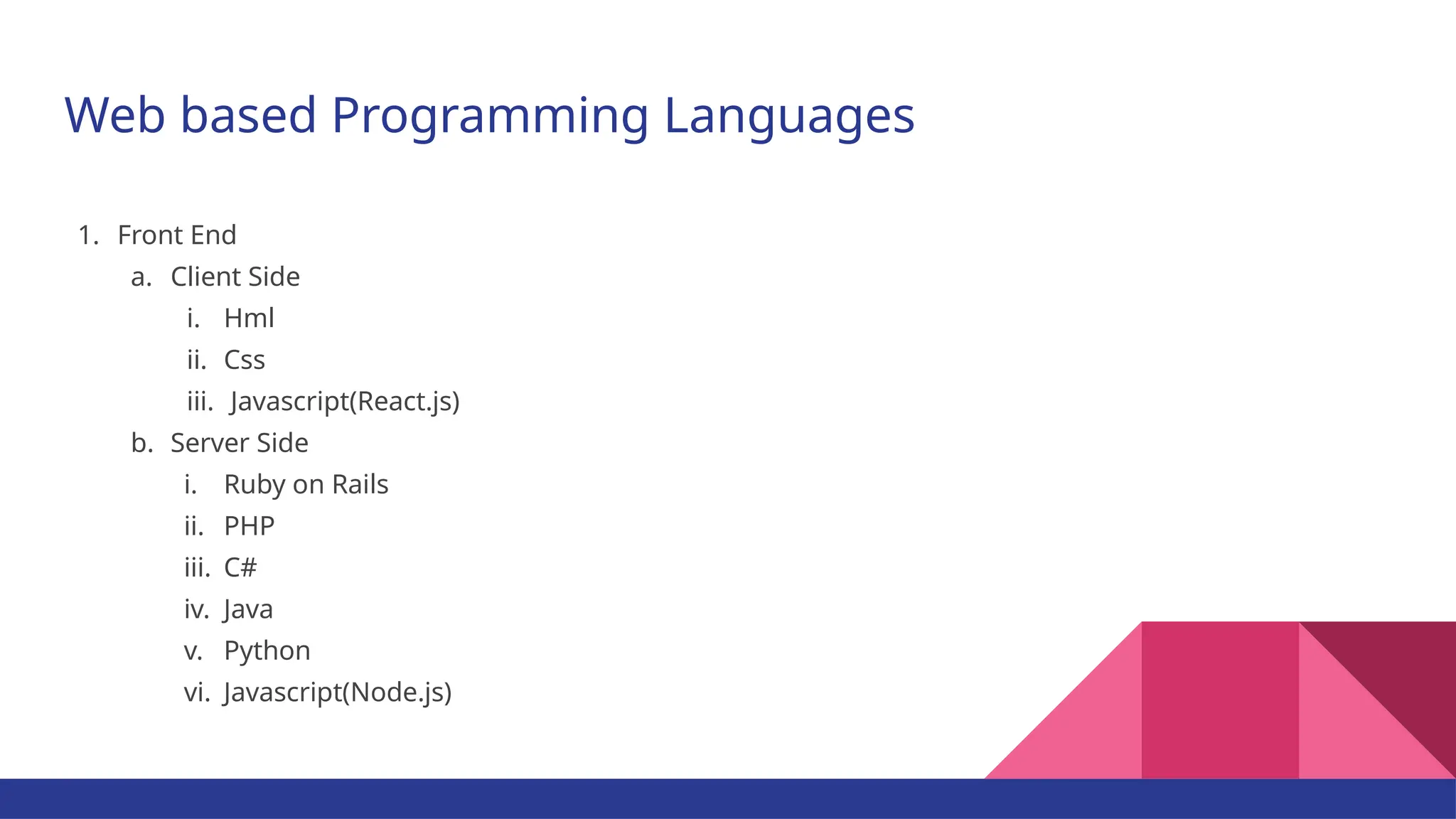 Web based Programming Languages 1. Front End a. Client Side i. Hml ii. Css iii. Javascript(React.js) b. Server Side i. Ruby on Rails ii. PHP iii. C# iv. Java v. Python vi. Javascript(Node.js) 