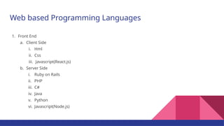 Web based Programming Languages
1. Front End
a. Client Side
i. Hml
ii. Css
iii. Javascript(React.js)
b. Server Side
i. Ruby on Rails
ii. PHP
iii. C#
iv. Java
v. Python
vi. Javascript(Node.js)
 