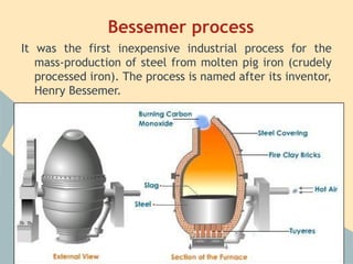 Bessemer process
It was the first inexpensive industrial process for the
   mass-production of steel from molten pig iron (crudely
   processed iron). The process is named after its inventor,
   Henry Bessemer.
 