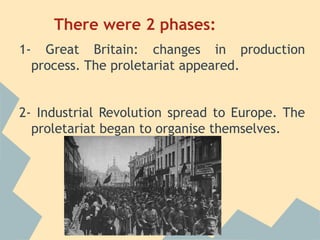 There were 2 phases:
1-     Great Britain: changes in production
     process. The proletariat appeared.


2- Industrial Revolution spread to Europe. The
  proletariat began to organise themselves.
 