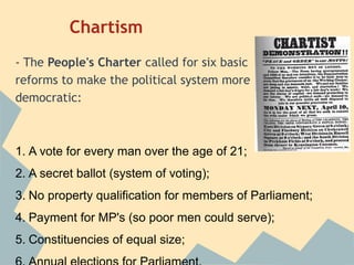 Chartism
- The People's Charter called for six basic
reforms to make the political system more
democratic:



1. A vote for every man over the age of 21;
2. A secret ballot (system of voting);
3. No property qualification for members of Parliament;
4. Payment for MP's (so poor men could serve);
5. Constituencies of equal size;
 