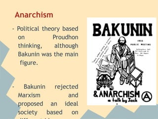 Anarchism
- Political theory based
  on            Proudhon
  thinking,      although
  Bakunin was the main
   figure.


-     Bakunin    rejected
    Marxism           and
    proposed an ideal
    society   based on
 