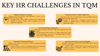 KEY HR CHALLENGES IN TQM
Employees fear new processes, lack motivation, or don’t see the
immediate benefits of TQM.
Example: When General Motors introduced lean manufacturing
(inspired by Toyota), workers resisted automation and process
changes, fearing job loss.
Employee Resistance to Change
Inadequate Training & Skill Gaps
Lack of Leadership Commitment
Short-Term Focus Over Long-Term Quality
Misalignment Between HR & TQM Goals
HR policies often focus on performance reviews and KPIs rather than
continuous quality improvement.
Example: At Wells Fargo, a misaligned incentive system led
employees to prioritize sales over ethical practices, resulting in a
major fraud scandal.
Employees may not have the necessary training to implement quality
initiatives effectively.
Example: Boeing’s 737 MAX crisis highlighted how poor training and
quality control in manufacturing led to fatal design flaws.
Companies chasing quarterly profits may neglect quality improvements that
take time to show results.
Example: In the early 2000s, Nokia prioritized speed to market over
quality in product development, leading to its decline in the
smartphone industry.
Without top management driving the TQM vision, employees don’t take
it seriously.
Example: Kodak failed to innovate in digital photography despite
early breakthroughs, partly due to leadership failing to instill a
quality-focused, adaptable mindset.
 