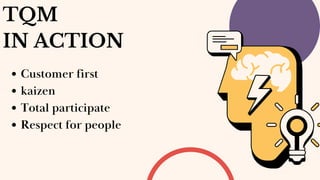 TQM
IN ACTION
Customer first
kaizen
Total participate
Respect for people
 