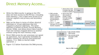 Direct Memory Access…
 While the DMA transfer is going on the CPU
does not have access to the PCI bus ( including
main memory ), but it does have access to its
internal registers and primary and secondary
caches.
 DMA can be done in terms of either physical
addresses or virtual addresses that are
mapped to physical addresses. The latter
approach is known as Direct Virtual Memory
Access, DVMA, and allows direct data transfer
from one memory-mapped device to another
without using the main memory chips.
 Direct DMA access by user processes can speed
up operations, but is generally forbidden by
modern systems for security and protection
reasons. ( I.e. DMA is a kernel-mode
operation. )
 Figure 13.5 below illustrates the DMA process.
Step in a DMA transfer
 
