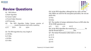 Prepared by Dr. M.S.Vasanthi, SRMIST 15
Review Questions
Q1 DES follows
a) Hash Algorithm
b) Caesars Cipher
c) Feistel Cipher Structure
d) SP Networks
Q2. The DES Algorithm Cipher System consists of
____________rounds (iterations) each with a round key
a) 12 (b)18 ©9 (d)16
Q3. The DES algorithm has a key length of
a) 128 Bits
b) 32 Bits
c) 64 Bits
d) 16 Bits
Q4. In the DES algorithm, although the key size is 64 bits
only 48bits are used for the encryption procedure, the rest are
parity bits.
a) True
b) False
Q5. The number of unique substitution boxes in DES after the
48 bit XOR operation are
a) 8 b) 4 c) 6 d) 12
Q6. In the DES algorithm the round key is __________ bit
and the Round Input is ____________bits.
Q7. The Initial Permutation table/matrix is of size
a) 16×8
b) 12×8
c) 8×8
d) 4×8
 