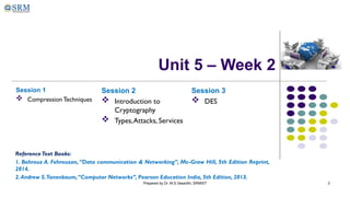 Prepared by Dr. M.S.Vasanthi, SRMIST 3
Unit 5 – Week 2
Session 1
 Compression Techniques
ReferenceText Books:
1. Behrouz A. Fehrouzan, “Data communication & Networking”, Mc-Graw Hill, 5th Edition Reprint,
2014.
2.Andrew S.Tanenbaum,“Computer Networks”, Pearson Education India, 5th Edition, 2013.
Session 2
 Introduction to
Cryptography
 Types,Attacks, Services
Session 3
 DES
 