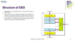 Prepared by Dr. M.S.Vasanthi, SRMIST 9
Structure of DES
• Encryption: Two permutations and 16 rounds. Each round is a
feistel rounds.
• The block size is 64-bit. Though, key length is 64-bit, DES has an
effective key length of 56 bits, since 8 of the 64 bits of the key are
not used by the encryption algorithm (function as check bits only).
• Each round uses a different 48 bit round key generated from the
cipher key according to a predefined algorithm.
 