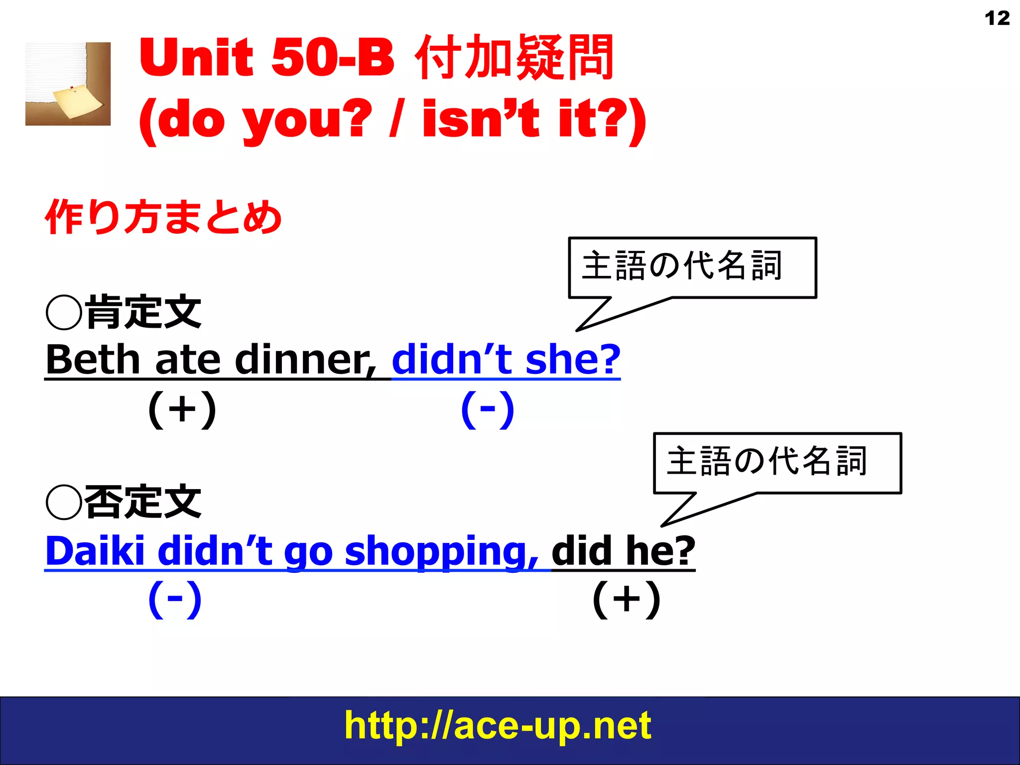 http://ace-up.net
12
Unit 50-B 付加疑問
(do you? / isn’t it?)
作り⽅方まとめ
◯肯定⽂文
Beth  ate  dinner,  didnʼ’t  she?
(+)                                 (-‐‑‒)
◯否定⽂文
Daiki didn’t go shopping, did he?
(-‐‑‒)                                                     (+)
主語の代名詞
主語の代名詞
 