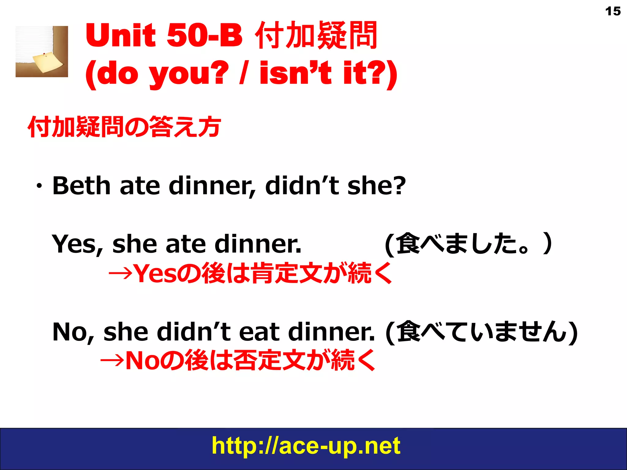 http://ace-up.net
15
Unit 50-B 付加疑問
(do you? / isn’t it?)
付加疑問の答え⽅方
・Beth  ate  dinner,  didnʼ’t  she?
 　Yes,  she  ate  dinner.                    (⾷食べました。）
 　 　 　  →Yesの後は肯定⽂文が続く
 　No,  she  didnʼ’t  eat  dinner.  (⾷食べていません)
 　            →Noの後は否定⽂文が続く
 