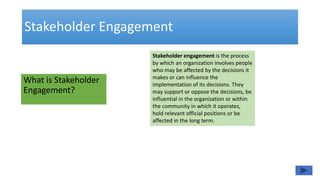 Stakeholder Engagement
What is Stakeholder
Engagement?
Stakeholder engagement is the process
by which an organization involves people
who may be affected by the decisions it
makes or can influence the
implementation of its decisions. They
may support or oppose the decisions, be
influential in the organization or within
the community in which it operates,
hold relevant official positions or be
affected in the long term.
 