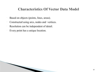 41
 Based on objects (points, lines, areas).
 Constructed using arcs, nodes and vertices.
 Resolution can be independent of detail.
 Every point has a unique location.
Characteristics Of Vector Data Model
 