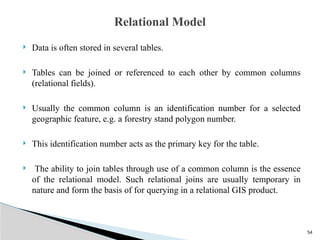 54
 Data is often stored in several tables.
 Tables can be joined or referenced to each other by common columns
(relational fields).
 Usually the common column is an identification number for a selected
geographic feature, e.g. a forestry stand polygon number.
 This identification number acts as the primary key for the table.
 The ability to join tables through use of a common column is the essence
of the relational model. Such relational joins are usually temporary in
nature and form the basis of for querying in a relational GIS product.
Relational Model
 