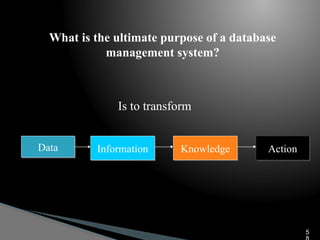What is the ultimate purpose of a database
management system?
Data Information Knowledge Action
Is to transform
5
 
