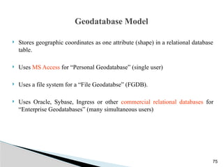 Geodatabase Model
 Stores geographic coordinates as one attribute (shape) in a relational database
table.
 Uses MS Access for “Personal Geodatabase” (single user)
 Uses a file system for a “File Geodatabse” (FGDB).
 Uses Oracle, Sybase, Ingress or other commercial relational databases for
“Enterprise Geodatabases” (many simultaneous users)
75
 