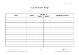 แผนการเรียนรู้ที่ 14 แผนการขั้นเทพ
แผนการจัดการเรียนรู้ (ฉบับทดลองใช้) -8- สาขาคอมพิวเตอร์
หลักสูตรการเขียนโปรแกรม Scratch เพื่อส่งเสริมความคิดสร้างสรรค์ สถาบันส่งเสริมการสอนวิทยาศาสตร์และเทคโนโลยี
แผนปฏิบัติงานชิ้นสุดท้าย...ร้ายที่สุด
กลุ่มที่ ..............................................................................เรื่อง........
กิจกรรม ผู้รับผิดชอบ
วันที่ / เดือน / ปี
ปัญหาที่พบและวิธีการแก้ปัญหา
เป้าหมาย สําเร็จจริง
 