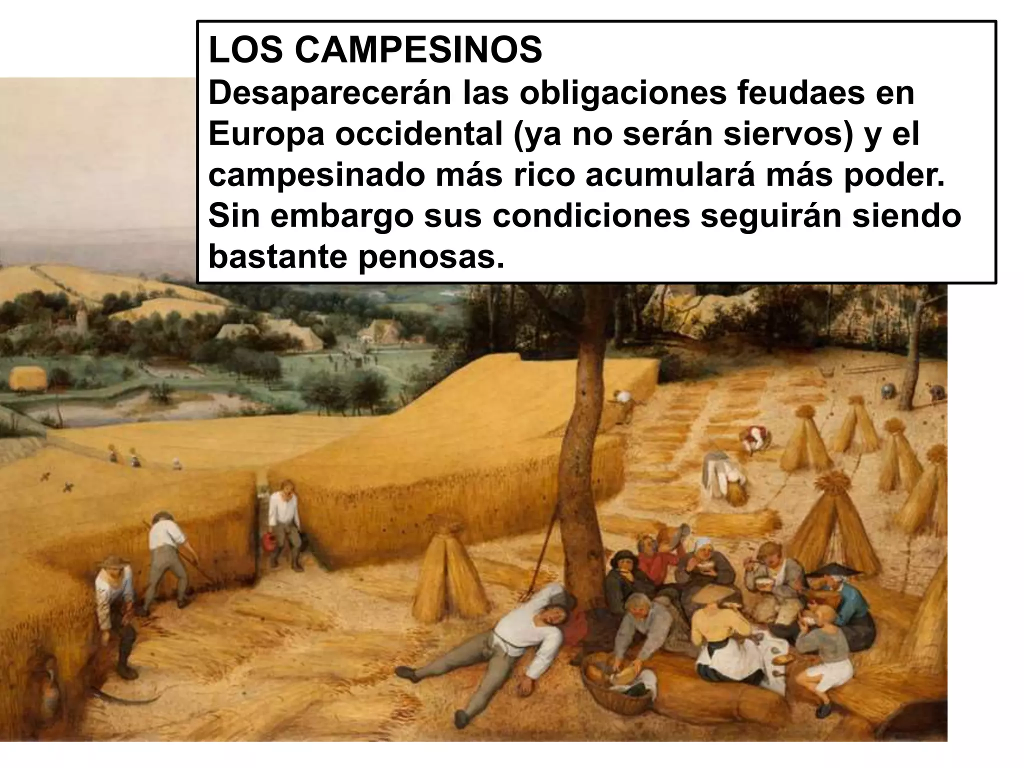 LOS CAMPESINOS
Desaparecerán las obligaciones feudaes en
Europa occidental (ya no serán siervos) y el
campesinado más rico acumulará más poder.
Sin embargo sus condiciones seguirán siendo
bastante penosas.
 