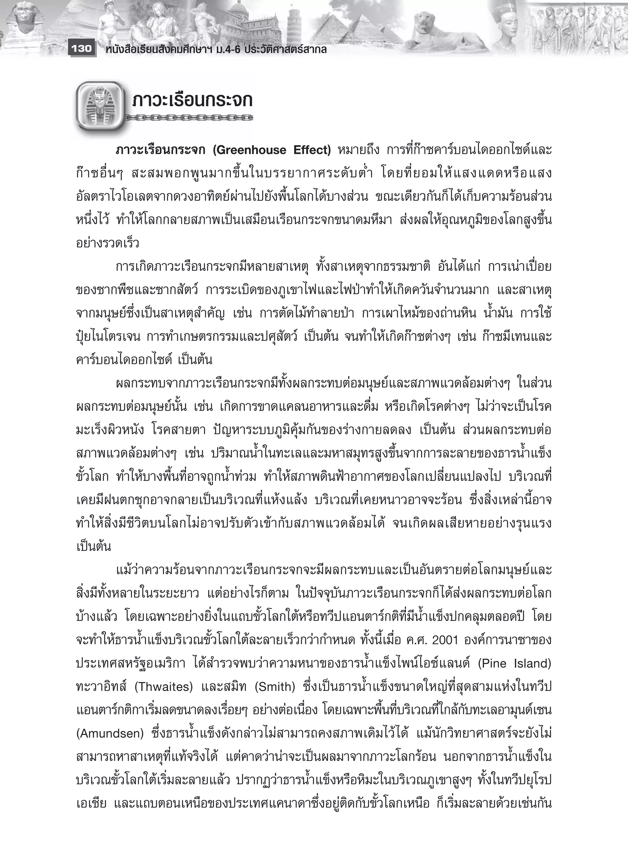 130 หนังสือเรียนสังคมศึกษาฯ ม.4-6 ประวัติศาสตร์สากล


            ภาวะเรือนกระจก
            
 	          ภาวะเรือนกระจก (Greenhouse Effect) หมายถึง การที่ก๊าซคาร์บอนไดออกไซด์และ
 ก๊ า ซอื่ น ๆ สะสมพอกพู น มากขึ้ น ในบรรยากาศระดั บ ต่ ำ โดยที่ ย อมให้ แ สงแดดหรื อ แสง
 อัลตราไวโอเลตจากดวงอาทิตย์ผ่านไปยังพื้นโลกได้บางส่วน ขณะเดียวกันก็ ได้เก็บความร้อนส่วน
 หนึ่งไว้ ทำให้โลกกลายสภาพเป็นเสมือนเรือนกระจกขนาดมหึมา ส่งผลให้อุณหภูมิของโลกสูงขึ้น
 อย่างรวดเร็ว
 	          การเกิดภาวะเรือนกระจกมีหลายสาเหตุ ทั้งสาเหตุจากธรรมชาติ อันได้แก่ การเน่าเปื่อย
 ของซากพืชและซากสัตว์ การระเบิดของภูเขาไฟและไฟป่าทำให้เกิดควันจำนวนมาก และสาเหตุ
 จากมนุษย์ซึ่งเป็นสาเหตุสำคัญ เช่น การตัดไม้ทำลายป่า การเผาไหม้ของถ่านหิน น้ำมัน การใช้
 ปุ๋ยไนโตรเจน การทำเกษตรกรรมและปศุสัตว์ เป็นต้น จนทำให้เกิดก๊าซต่างๆ เช่น ก๊าซมีเทนและ
 คาร์บอนไดออกไซด์ เป็นต้น
 	          ผลกระทบจากภาวะเรือนกระจกมีทั้งผลกระทบต่อมนุษย์และสภาพแวดล้อมต่างๆ ในส่วน
 ผลกระทบต่อมนุษย์นั้น เช่น เกิดการขาดแคลนอาหารและดื่ม หรือเกิดโรคต่างๆ ไม่ว่าจะเป็นโรค
 มะเร็งผิวหนัง โรคสายตา ปัญหาระบบภูมิคุ้มกันของร่างกายลดลง เป็นต้น ส่วนผลกระทบต่อ
 สภาพแวดล้อมต่างๆ เช่น ปริมาณน้ำในทะเลและมหาสมุทรสูงขึ้นจากการละลายของธารน้ำแข็ง
 ขั้วโลก ทำให้บางพื้นที่อาจถูกน้ำท่วม ทำให้สภาพดินฟ้าอากาศของโลกเปลี่ยนแปลงไป บริเวณที่
 เคยมีฝนตกชุกอาจกลายเป็นบริเวณที่แห้งแล้ง บริเวณที่เคยหนาวอาจจะร้อน ซึ่งสิ่งเหล่านี้อาจ
 ทำให้สิ่งมีชีวิตบนโลกไม่อาจปรับตัวเข้ากับสภาพแวดล้อมได้ จนเกิดผลเสียหายอย่างรุนแรง
 เป็นต้น
 	          แม้ว่าความร้อนจากภาวะเรือนกระจกจะมีผลกระทบและเป็นอันตรายต่อโลกมนุษย์และ
 สิ่งมีทั้งหลายในระยะยาว แต่อย่างไรก็ตาม ในปัจจุบันภาวะเรือนกระจกก็ ได้ส่งผลกระทบต่อโลก
 บ้างแล้ว โดยเฉพาะอย่างยิ่งในแถบขั้วโลกใต้หรือทวีปแอนตาร์กติที่มีน้ำแข็งปกคลุมตลอดปี โดย
 จะทำให้ธารน้ำแข็งบริเวณขั้วโลกใต้ละลายเร็วกว่ากำหนด ทั้งนี้เมื่อ ค.ศ. 2001 องค์การนาซาของ
 ประเทศสหรัฐอเมริกา ได้สำรวจพบว่าความหนาของธารน้ำแข็งไพน์ไอซ์แลนด์ (Pine Island)
 ทะวาอิทส์ (Thwaites) และสมิท (Smith) ซึ่งเป็นธารน้ำแข็งขนาดใหญ่ที่สุดสามแห่งในทวีป
 แอนตาร์กติกาเริมลดขนาดลงเรือยๆ อย่างต่อเนือง โดยเฉพาะพืนทีบริเวณที่ใกล้กบทะเลอามุนด์เซน
                   ่           ่             ่             ้ ่              ั
 (Amundsen) ซึ่งธารน้ำแข็งดังกล่าวไม่สามารถคงสภาพเดิมไว้ ได้ แม้นักวิทยาศาสตร์จะยังไม่
 สามารถหาสาเหตุที่แท้จริงได้ แต่คาดว่าน่าจะเป็นผลมาจากภาวะโลกร้อน นอกจากธารน้ำแข็งใน
 บริเวณขั้วโลกใต้เริ่มละลายแล้ว ปรากฏว่าธารน้ำแข็งหรือหิมะในบริเวณภูเขาสูงๆ ทั้งในทวีปยุโรป
 เอเชีย และแถบตอนเหนือของประเทศแคนาดาซึ่งอยู่ติดกับขั้วโลกเหนือ ก็เริ่มละลายด้วยเช่นกัน
 