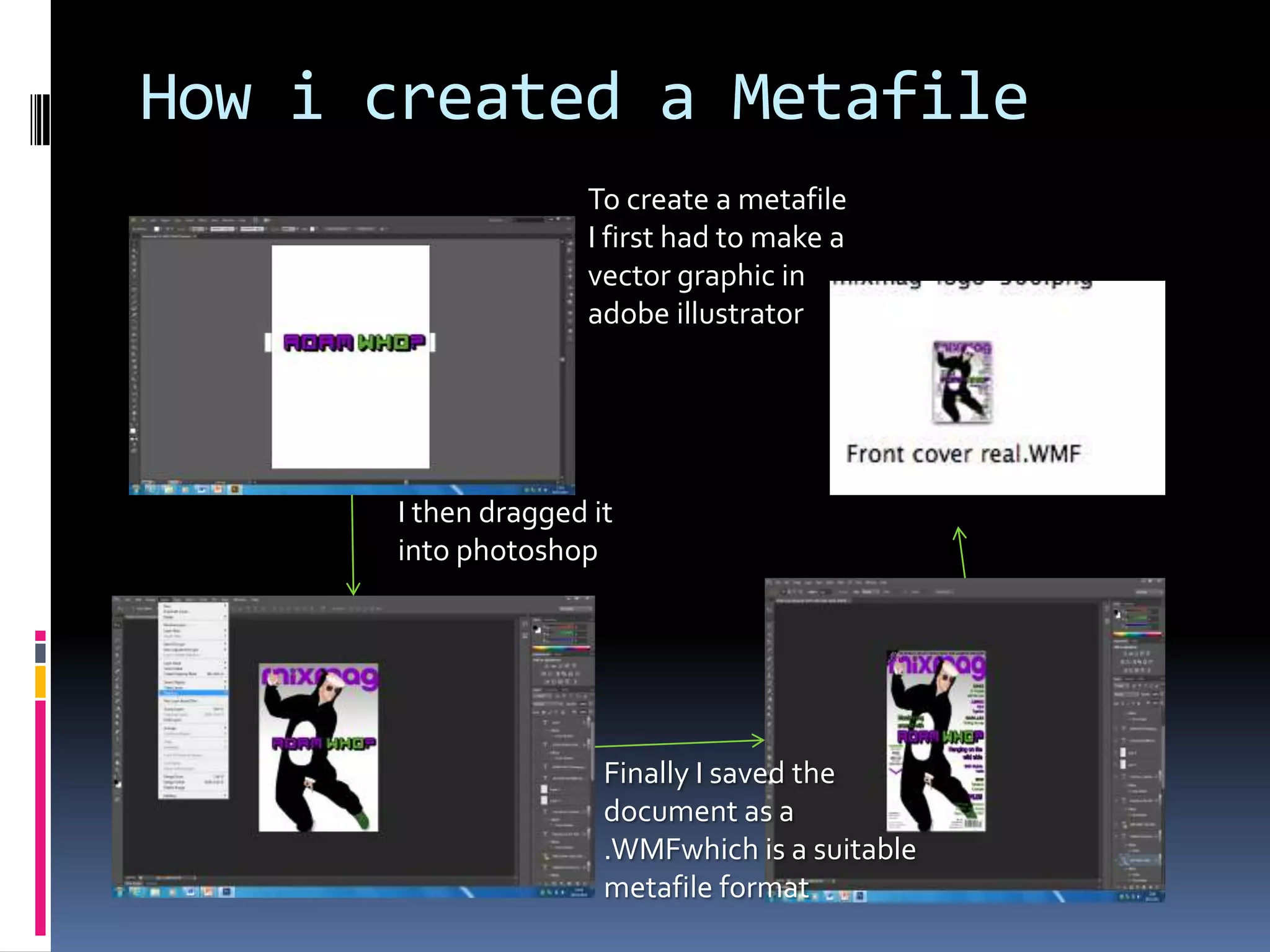 How i created a Metafile
                     To create a metafile
                     I first had to make a
                     vector graphic in
                     adobe illustrator




      I then dragged it
      into photoshop




                      Finally I saved the
                      document as a
                      .WMFwhich is a suitable
                      metafile format
 