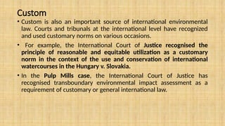 Custom
• Custom is also an important source of international environmental
law. Courts and tribunals at the international level have recognized
and used customary norms on various occasions.
• For example, the International Court of Justice recognised the
principle of reasonable and equitable utilization as a customary
norm in the context of the use and conservation of international
watercourses in the Hungary v. Slovakia.
• In the Pulp Mills case, the International Court of Justice has
recognised transboundary environmental impact assessment as a
requirement of customary or general international law.
 