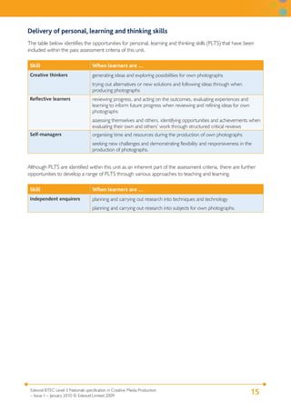 15Edexcel BTEC Level 3 Nationals specification in Creative Media Production
– Issue 1 – January 2010 © Edexcel Limited 2009
Delivery of personal, learning and thinking skills
The table below identifies the opportunities for personal, learning and thinking skills (PLTS) that have been
included within the pass assessment criteria of this unit.
Skill When learners are …
Creative thinkers generating ideas and exploring possibilities for own photographs
trying out alternatives or new solutions and following ideas through when
producing photographs
Reflective learners reviewing progress, and acting on the outcomes, evaluating experiences and
learning to inform future progress when reviewing and refining ideas for own
photographs
assessing themselves and others, identifying opportunities and achievements when
evaluating their own and others’ work through structured critical reviews
Self-managers organising time and resources during the production of own photographs
seeking new challenges and demonstrating flexibility and responsiveness in the
production of photographs.
Although PLTS are identified within this unit as an inherent part of the assessment criteria, there are further
opportunities to develop a range of PLTS through various approaches to teaching and learning.
Skill When learners are …
Independent enquirers planning and carrying out research into techniques and technology
planning and carrying out research into subjects for own photographs.
 