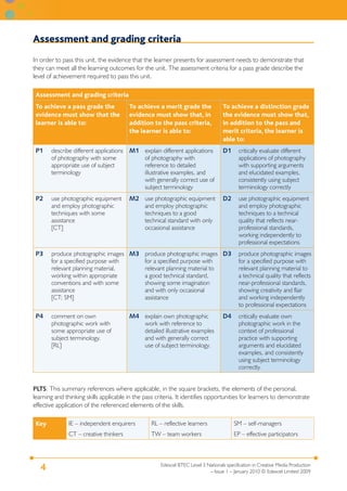 Edexcel BTEC Level 3 Nationals specification in Creative Media Production
– Issue 1 – January 2010 © Edexcel Limited 2009
4
Assessment and grading criteria
In order to pass this unit, the evidence that the learner presents for assessment needs to demonstrate that
they can meet all the learning outcomes for the unit. The assessment criteria for a pass grade describe the
level of achievement required to pass this unit.
Assessment and grading criteria
To achieve a pass grade the
evidence must show that the
learner is able to:
To achieve a merit grade the
evidence must show that, in
addition to the pass criteria,
the learner is able to:
To achieve a distinction grade
the evidence must show that,
in addition to the pass and
merit criteria, the learner is
able to:
P1 describe different applications
of photography with some
appropriate use of subject
terminology
M1 explain different applications
of photography with
reference to detailed
illustrative examples, and
with generally correct use of
subject terminology
D1 critically evaluate different
applications of photography
with supporting arguments
and elucidated examples,
consistently using subject
terminology correctly
P2 use photographic equipment
and employ photographic
techniques with some
assistance
[CT]
M2 use photographic equipment
and employ photographic
techniques to a good
technical standard with only
occasional assistance
D2 use photographic equipment
and employ photographic
techniques to a technical
quality that reflects near-
professional standards,
working independently to
professional expectations
P3 produce photographic images
for a specified purpose with
relevant planning material,
working within appropriate
conventions and with some
assistance
[CT; SM]
M3 produce photographic images
for a specified purpose with
relevant planning material to
a good technical standard,
showing some imagination
and with only occasional
assistance
D3 produce photographic images
for a specified purpose with
relevant planning material to
a technical quality that reflects
near-professional standards,
showing creativity and flair
and working independently
to professional expectations
P4 comment on own
photographic work with
some appropriate use of
subject terminology.
[RL]
M4 explain own photographic
work with reference to
detailed illustrative examples
and with generally correct
use of subject terminology.
D4 critically evaluate own
photographic work in the
context of professional
practice with supporting
arguments and elucidated
examples, and consistently
using subject terminology
correctly.
PLTS: This summary references where applicable, in the square brackets, the elements of the personal,
learning and thinking skills applicable in the pass criteria. It identifies opportunities for learners to demonstrate
effective application of the referenced elements of the skills.
Key IE – independent enquirers
CT – creative thinkers
RL – reflective learners
TW – team workers
SM – self-managers
EP – effective participators
 