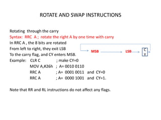 ROTATE AND SWAP INSTRUCTIONS
Rotating through the carry
Syntax: RRC A ; rotate the right A by one time with carry
In RRC A , the 8 bits are rotated
From left to right, they exit LSB
To the carry flag, and CY enters MSB.
Example: CLR C ; make CY=0
MOV A,#26h ; A= 0010 0110
RRC A ; A= 0001 0011 and CY=0
RRC A ; A= 0000 1001 and CY=1.
Note that RR and RL instructions do not affect any flags.
MSB LSB C
Y
 