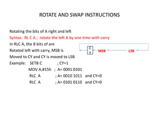 ROTATE AND SWAP INSTRUCTIONS
Rotating the bits of A right and left
Syntax: RL C A ; rotate the left A by one time with carry
In RLC A, the 8 bits of are
Rotated left with carry, MSB is
Moved to CY and CY is moved to LSB
Example: SETB C ; CY=1
MOV A,#15h ; A= 0001 0101
RLC A ; A= 0010 1011 and CY=0
RLC A ; A= 0101 0110 and CY=0
MSB LSB
C
Y
 
