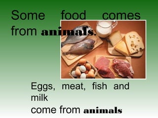 Some food comes
from animals.
Eggs, meat, fish and
milk
come from animals