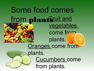 Some food comes
Fruit
from plants. and
vegetables
come from
plants.
Oranges come from
plants.
Cucumbers come
from plants.